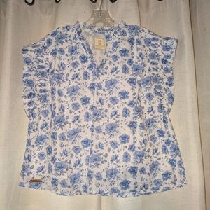 Simply Southern White and Blue Floral Ruffle Sleeve Top